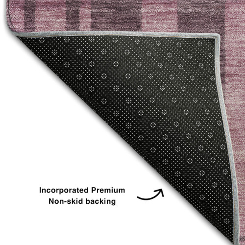8' Blush And Mauve Striped Washable Round Rug With UV Protection