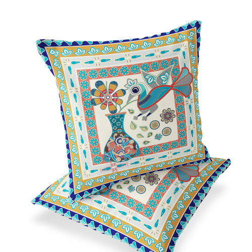 Set of Two Gold Beige And Blue Peacock Indoor Outdoor Throw Pillow