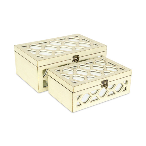 Set of Two White Mirrored Glass And Solid Wood Box With Lid