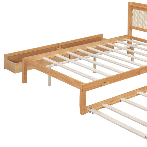 Natural Wood Full Bed Frame With Trundle And USB And Drawers