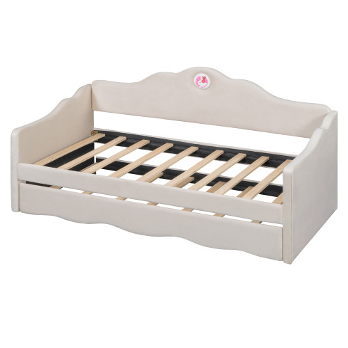 Beige Tufted Upholstered Twin Bed Frame With Trundle