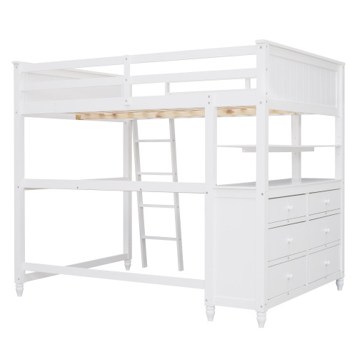 White Slat Solid Wood Full Double Loft Bed with Desk