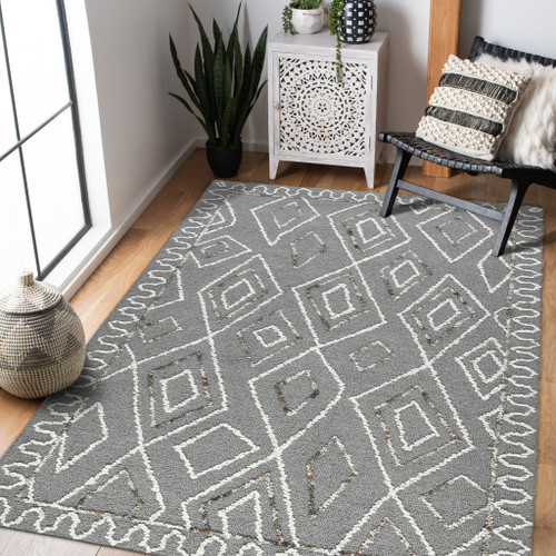 9' X 13' Dark Gray Ivory And Rust Wool Geometric Hand Hooked Area Rug