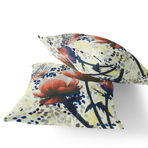 Set of Two Orange Dark Green And Yellow Floral Indoor Outdoor Throw Pillow