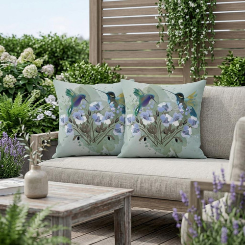 Set of Two Green Blue And White Bird Indoor Outdoor Throw Pillow