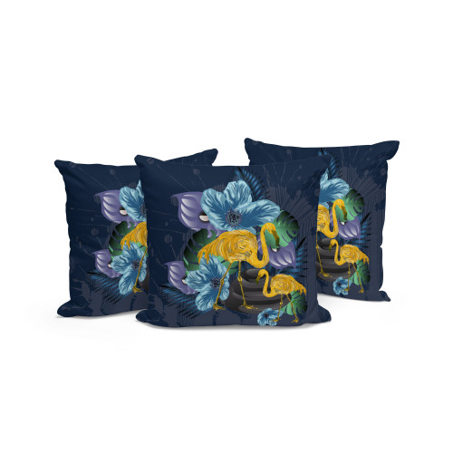 Set of Three Blue Yellow And Green Flamingo Floral Indoor Outdoor Throw Pillow