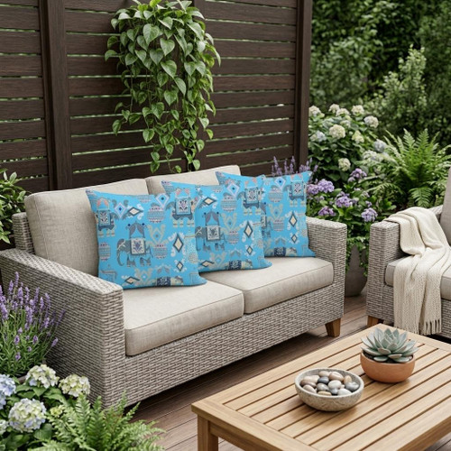 Set of Three Blue Gray And Indigo Elephant Indoor Outdoor Throw Pillow
