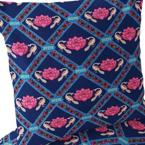 Set of Two Indigo And Pink Floral Indoor Outdoor Throw Pillow