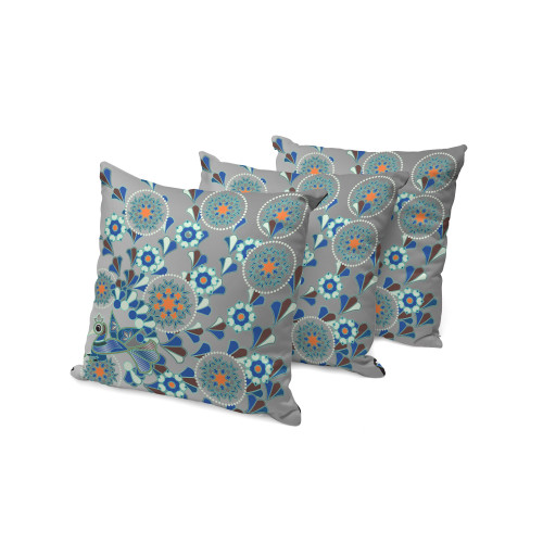 Set of Three Gray Orange And Black Peacock Floral Indoor Outdoor Throw Pillow