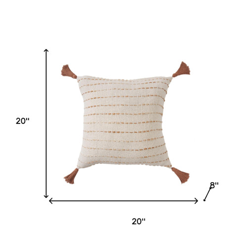 20" Brown And Ivory Striped Cotton Blend Throw Pillow with Fringe