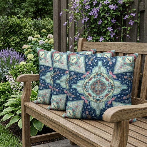 Set of Three Indigo And Aqua Floral Indoor Outdoor Throw Pillow
