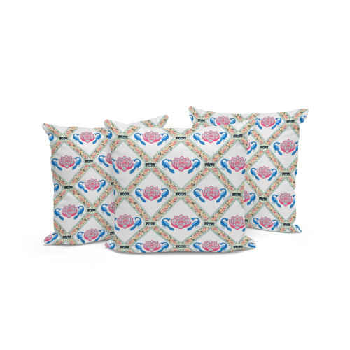 Set of Three White Blue And Gray Floral Indoor Outdoor Throw Pillow