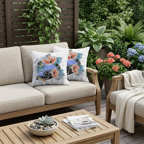 Set of Two Gray Blue And Orange Flamingo Floral Indoor Outdoor Throw Pillow