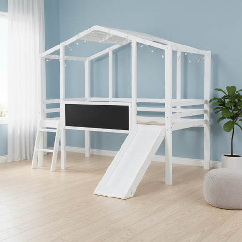 White Canopy Wood Twin Loft Bed with Slide