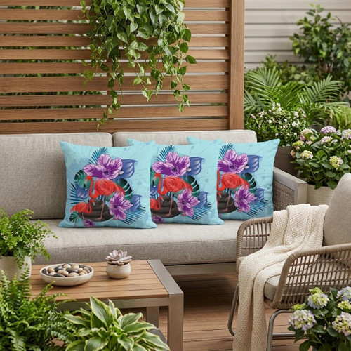 Set of Three Blue Purple Brown And Red Flamingo Floral Indoor Outdoor Throw Pillow