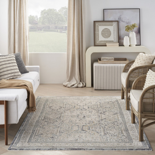5' X 8' Ivory And Charcoal Medallion Distressed Area Rug With Fringe
