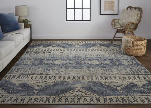 8' Gray Blue and Ivory Wool Floral Hand Knotted Runner Rug