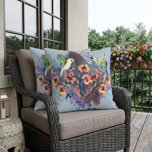 Set of Two Brown Blue And Gray Bird Indoor Outdoor Throw Pillow