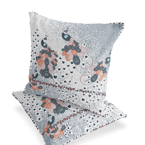 Set of Two Gray And White Peacock Indoor Outdoor Throw Pillow