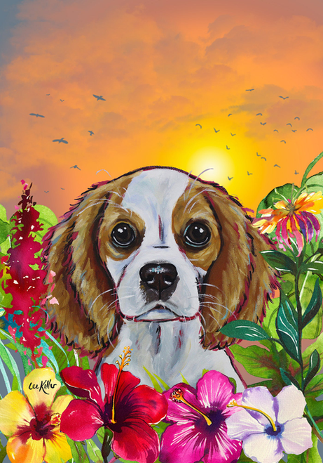 Cavalier King Charles Blenheim - Hippie Hound Studios Tropical Summer  House and Garden Flags
