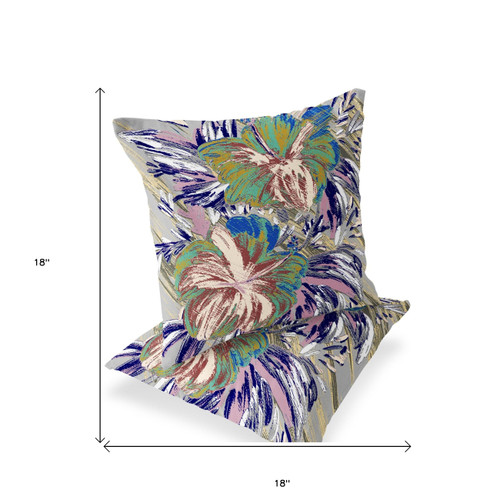 Set of Two Green And Purple Floral Indoor Outdoor Throw Pillow