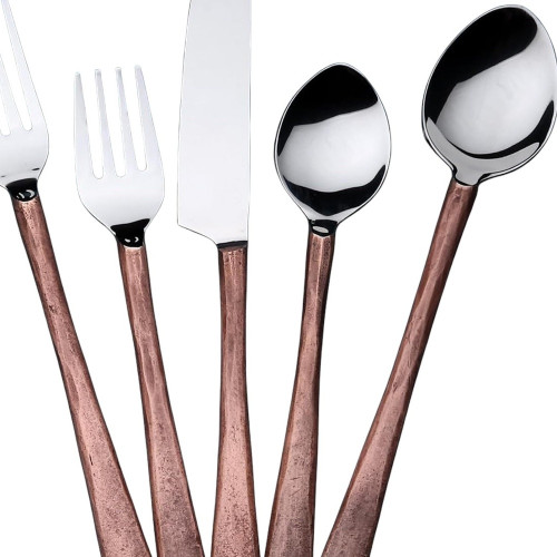 Matte Copper Stainless Steel Five Piece Hand Forged Flatware Set