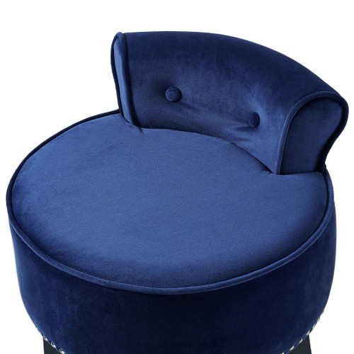 18" Navy Blue and Black Velvet Tufted Round Footstool