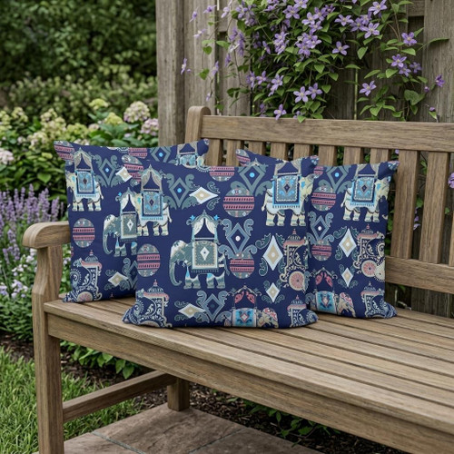 Set of Three Blue And Gray Elephant Indoor Outdoor Throw Pillow