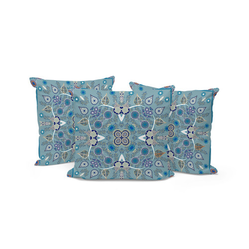 Set of Three Blue Beige And White Botanical Indoor Outdoor Throw Pillow