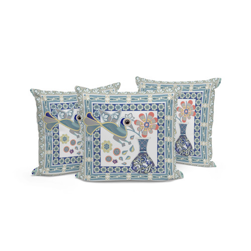 Set of Three Beige Green And Blue Peacock Indoor Outdoor Throw Pillow