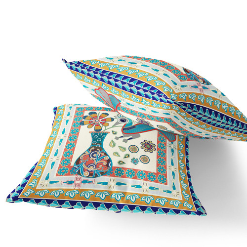Set of Two Gold Beige And Blue Peacock Indoor Outdoor Throw Pillow