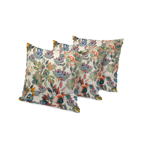 Set of Three Green And Beige Floral Indoor Outdoor Throw Pillow