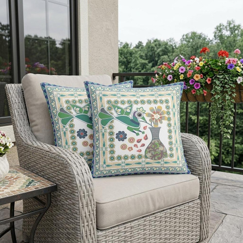 Set of Two Cream Green And Yellow Peacock Indoor Outdoor Throw Pillow