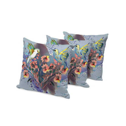 Set of Three Brown Blue And Gray Bird Indoor Outdoor Throw Pillow