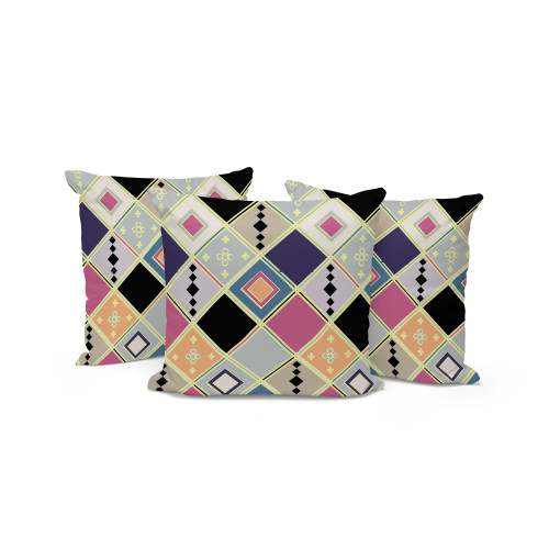 Set of Three Pink Gold And Black Diamond Indoor Outdoor Throw Pillow