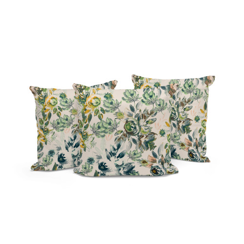 Set of Three White And Green Floral Indoor Outdoor Throw Pillow