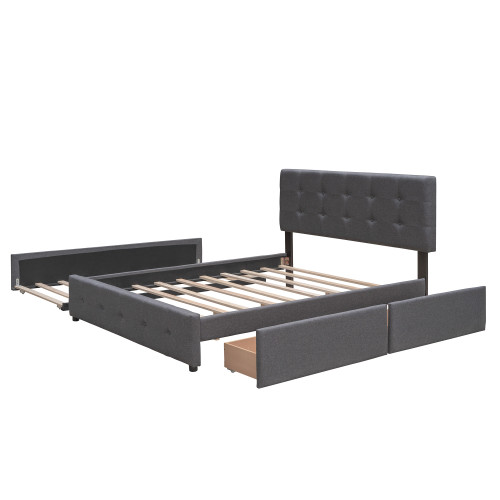 Dark Gray Linen Upholstered Queen Bed Frame With Drawers