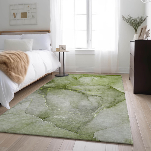 5' X 8' Olive Green And Ivory Abstract Washable Area Rug With UV Protection