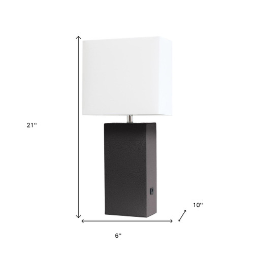 21" Brown Faux Leather USB Table Lamp With White Shade