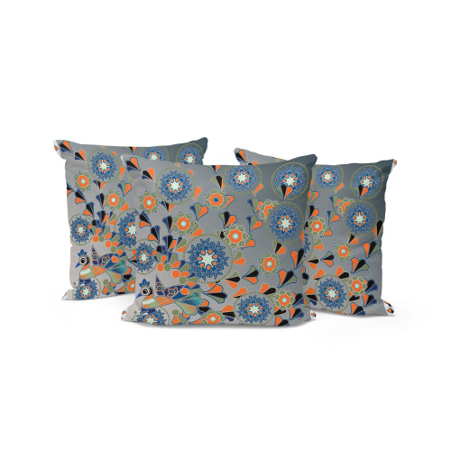 Set of Three Gray Orange And White Peacock Floral Indoor Outdoor Throw Pillow