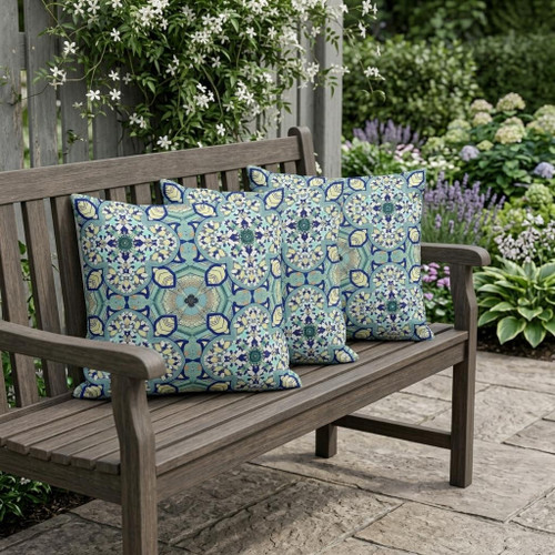 Set of Three Green And Cream Floral Indoor Outdoor Throw Pillow