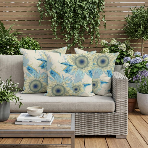Set of Three Beige Yellow And Blue Sunflower Indoor Outdoor Throw Pillow
