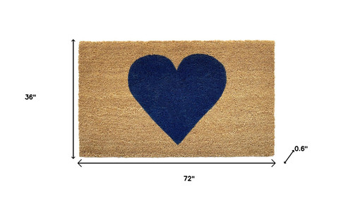 36" X 72" Dark Blue And Brown Valentine's Day Heart Welcome Outdoor Coir Door Mat