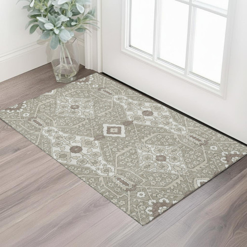 3' X 5' Taupe Beige And Ivory Floral Washable Area Rug With UV Protection