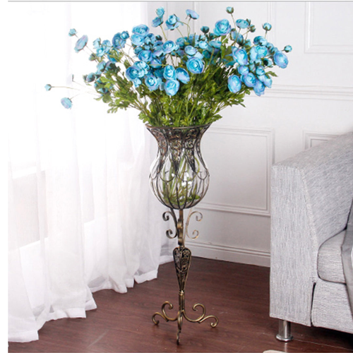 European Clear Glass Floor Home Decor Flower Vase with Tall Metal Stand