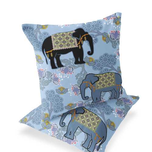 Set of Two Sky Blue Black And White Elephant Indoor Outdoor Throw Pillow