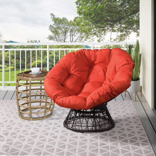 38" Brown Metal Outdoor Papasan Chair with Orange Cushion