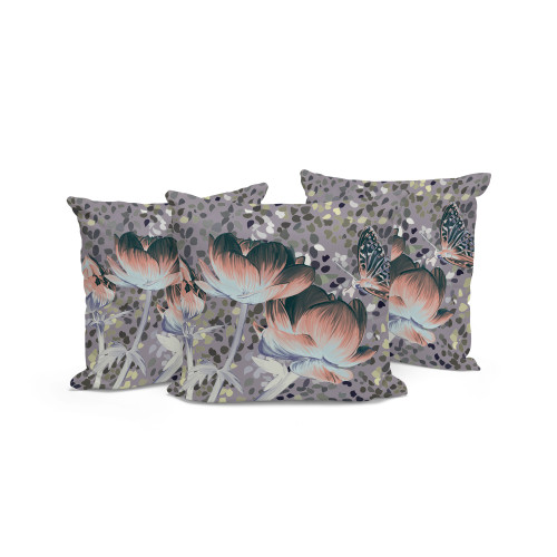Set of Three Pink Dark Green And Gray Butterfly Floral Indoor Outdoor Throw Pillow