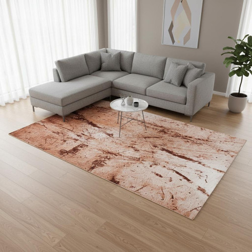 8' X 11' Orange Brown And White Abstract Washable Area Rug With UV Protection