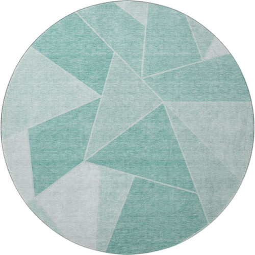8' Teal And Ivory Geometric Washable Round Rug With UV Protection